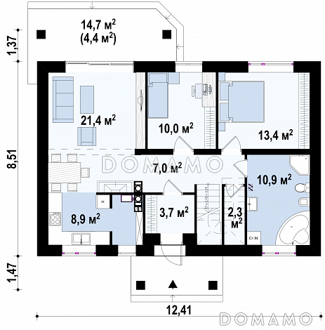 Проект мансардного дома из кирпича с острой крышей, с тремя спальнями и небольшой крытой террасой / План цокольного этажа