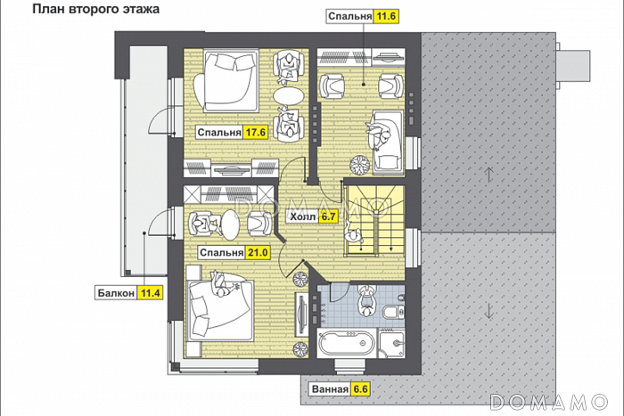 Проект светлого дома с бильярдной и спортзалом в цокольном этаже,  длинным балконом,  панорамными окнами в спальне на мансарде / План мансардного этажа