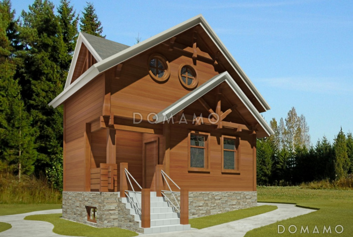 Проект малогабаритного дома с кладовой в подвале, зоной отдыха, двумя спальнями, окном в ванной