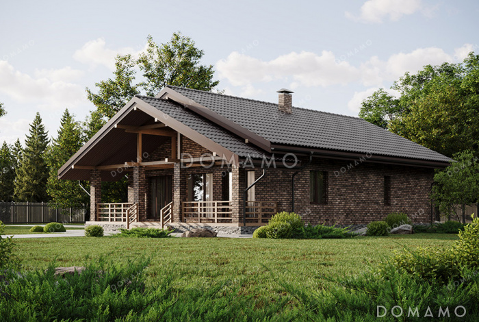 Проект выразительного одноэтажного дома с двухскатной крышей в разных уровнях, большой террасой и вторым светом