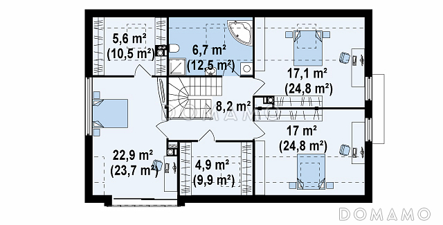 Проект современного мансардного дома из кирпича с четырьмя комнатами, эркером и одноместным гаражом / План мансардного этажа