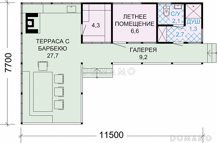 Проект деревяной беседки с барбекю, санузлом и душем / План 1 этажа