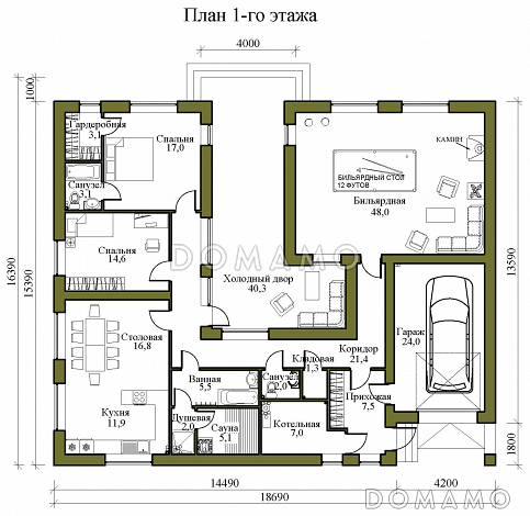 Проект одноэтажного кирпичного дома в стиле хай-тек с внутренним двором, бильярдной, сауной и гаражом / План 1 этажа