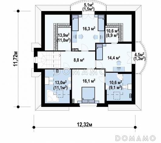 Проект загородного дома с подвалом, просторной гостиной и кухней, балконами, кабинетом / План мансардного этажа