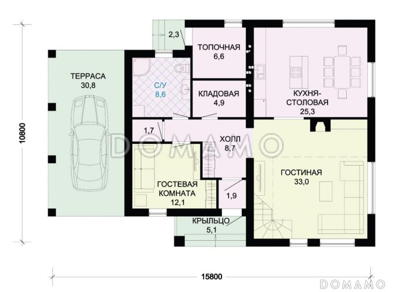 Проект дома в стиле фахверк с двусветной гостиной и навесом для машины / План 1 этажа
