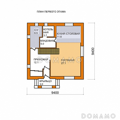 Проект дома из газобетона 9х9 / План 1 этажа