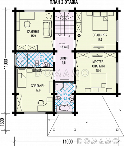 Проект дома из бруса с угловой террасой, вместительной гардеробной и кабинетом / План 2 этажа