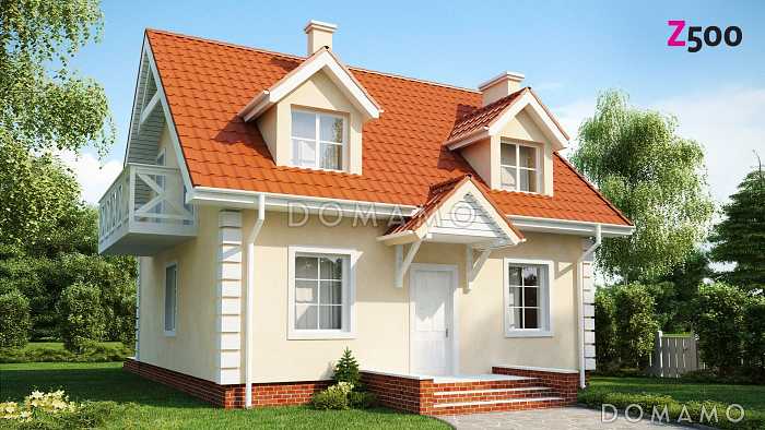 Проект одноэтажного мансардного дома из газобетона с тремя спальнями, балконом и красивыми мансардными окнами