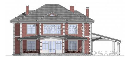 Проект двухэтажного дома из газобетона с пристроенным навесом, верандой и камином / Фасад 2