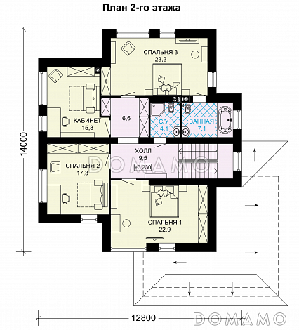 Проект двухэтажного дома из СИП панелей с окнами в пол в гостиной / План 2 этажа