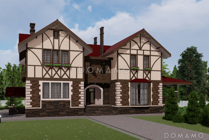 Проект двухэтажного дома в стиле фахверк с подвалом и лаундж-зоной