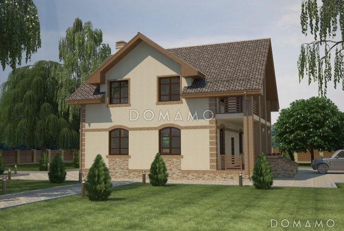 Проект классического двухэтажного дома с террасой и большим балконом