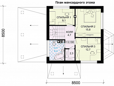 Проект дома из газобетона с многощипцовой крышей и навесом для авто / План мансардного этажа