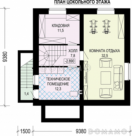 Проект загородного дома с шатровой крышей и цокольным этажом / План цокольного этажа