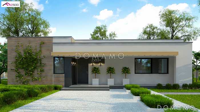 Проект стильного одноэтажного дома с плоской крышей, террасой,  тремя спальнями