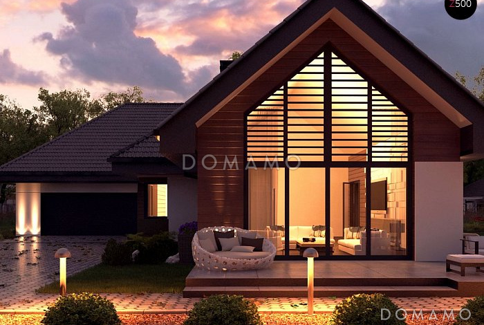 Проект современного дома с гаражом на 2 машины и кладовой, просторной гостиной, кухней с угловым окном и кладовой, террасой