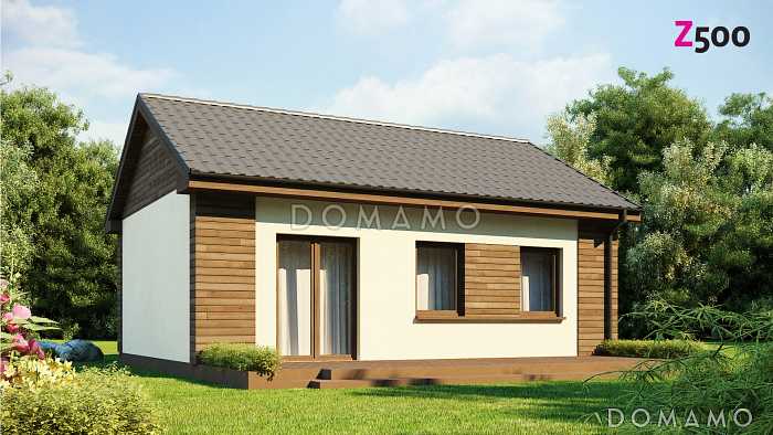 Проект компактного одноэтажного дома из кирпича с большой открытой террасой