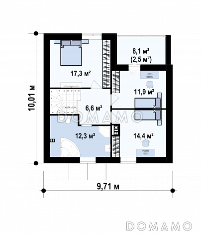 Проект загородного дома с камином, просторной гостиной, балконом, большой ванной с окном / План мансардного этажа