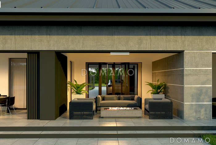 Проект оригинального одноэтажного дома из газобетона с крытой парковкой внутри дома