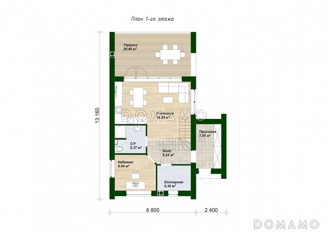 Проект двухэтажного дома из газобетона в стиле барнхаус с панорамными окнами в гостиной / План 1 этажа