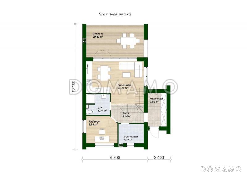 Проект двухэтажного дома из газобетона в стиле барнхаус с панорамными окнами в гостиной / План 1 этажа