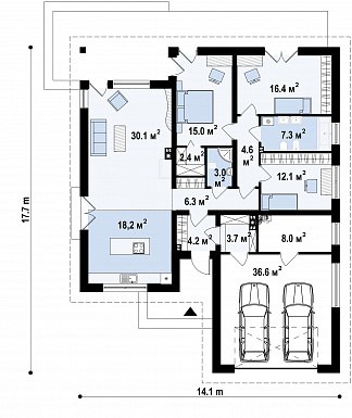 Проект современного одноэтажного дома из кирпича с тремя спальнями и большим фронтальным гаражом, с изменённой крышей и крытой террасой / План 1 этажа
