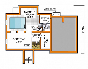 Проект дома из пеноблоков с бассейном, спортзалом и небольшой сауной / План цокольного этажа