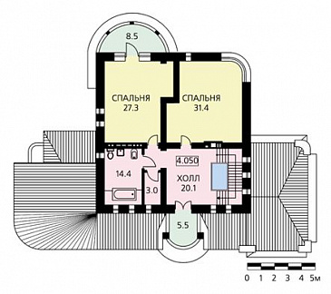 Проект комфортабельного дома с необычной формой в плане, гаражом и парной / План 2 этажа