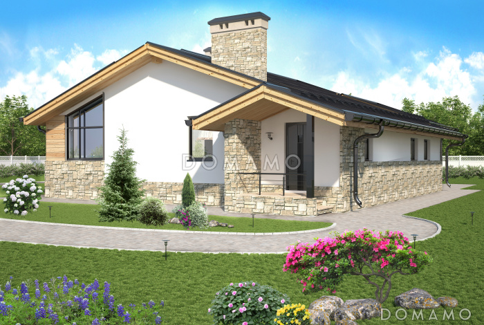 Проект одноэтажного дома по технологии ЛСТК с крытой террасой, сауной, тремя спальнями, большой кухней-столовой