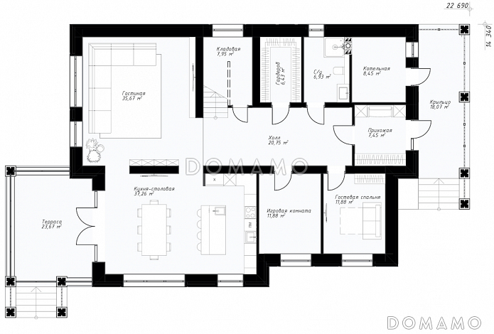 Проект двухэтажного дома в стиле Райта с кухней-столовой, застекленной террасой, постирочной на втором этаже / План 1 этажа