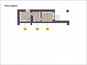 Проект дома с гаражом на одну машину, со спортзалом и душевой на втором этаже, большой мансардой / План цокольного этажа