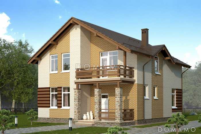 Проект облицованного кирпичом дома с панорамным эркером в кухне