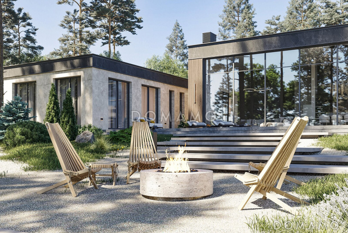 Проект кирпичного одноэтажного дома с 4 спальнями, верандой, баней и тренажерным залом