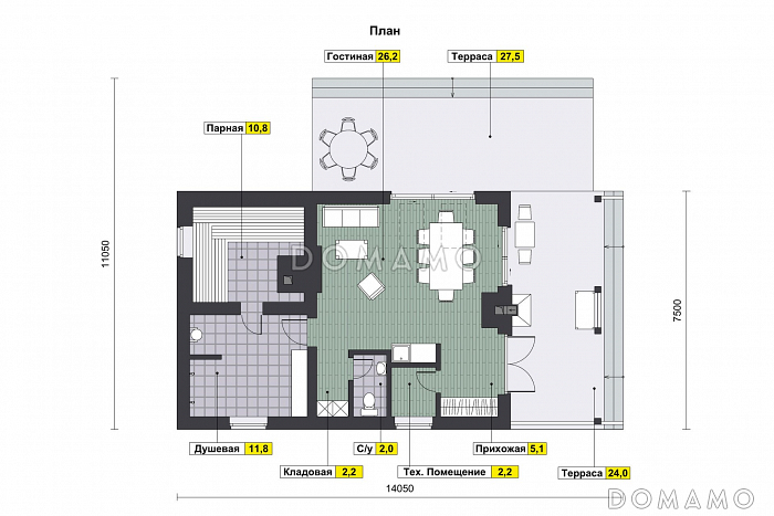 Проект бани из газобетона с барбекю на террасе / План 1 этажа