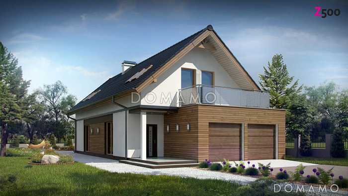 Проект одноэтажного мансардного дома из газобетона с гаражом на два автомобиля и террасой над гаражом 