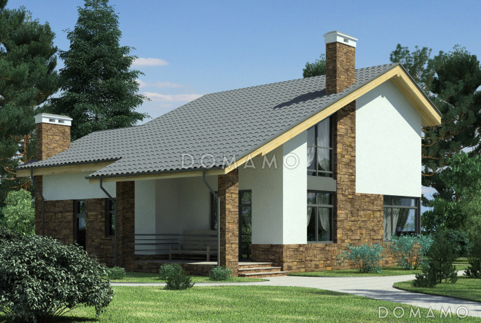 Проект дома с гаражом на одну машину, гостиной с камином, балконом