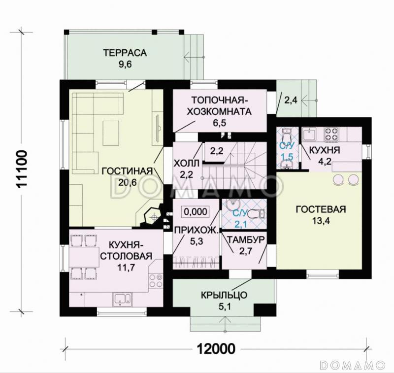Проект небольшого дома с пятью жилыми комнатами и балконом из СИП панелей / План 1 этажа