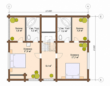 Проект двухэтажного дома из клееного бруса с санузлом в каждой спальной комнате / План мансардного этажа