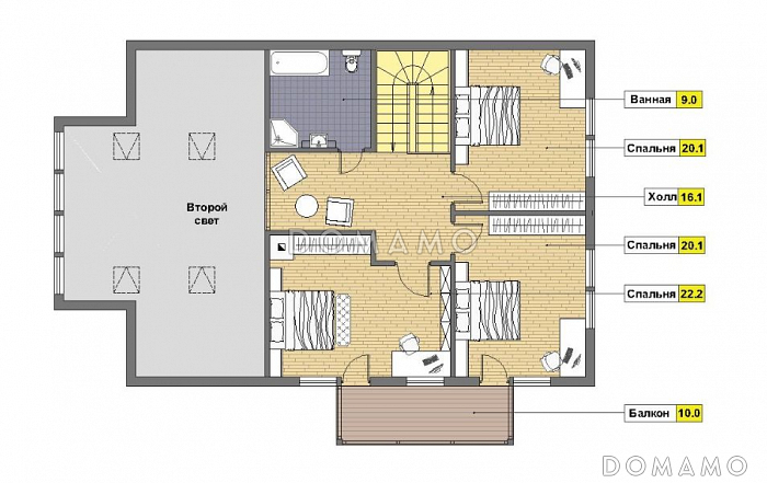 Проект комфортабельного каркасного дома с просторной кухней и вторым светом / План мансардного этажа