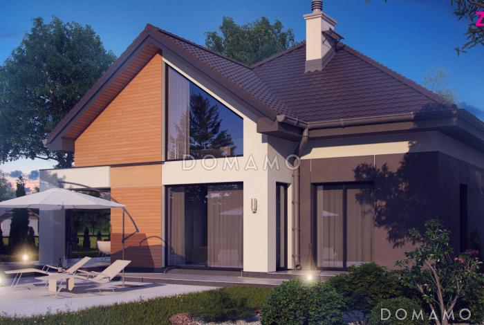 Проект одноэтажного мансардного дома из газобетона с гаражом и тремя спальнями и балконом