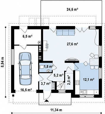 Проект одноэтажного мансардного дома из газобетона с частично крытой террасой и гаражом  / План 1 этажа