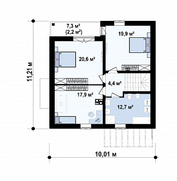 Проект загородного дома с кладовой, балконом, тремя светлыми спальнями в мансарде / План мансардного этажа