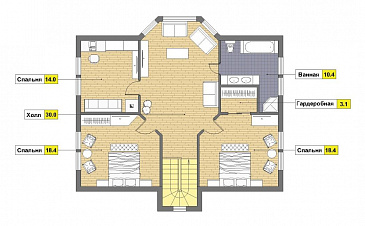 Проект каркасного дома с эркером и гаражом для одной машины / План мансардного этажа
