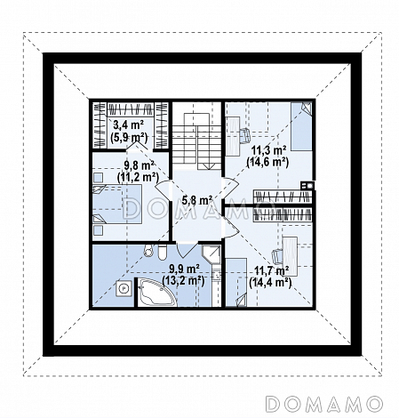 Проект загородного дома с мансардой, гаражом на одну машину, кладовой под лестницей / План мансардного этажа