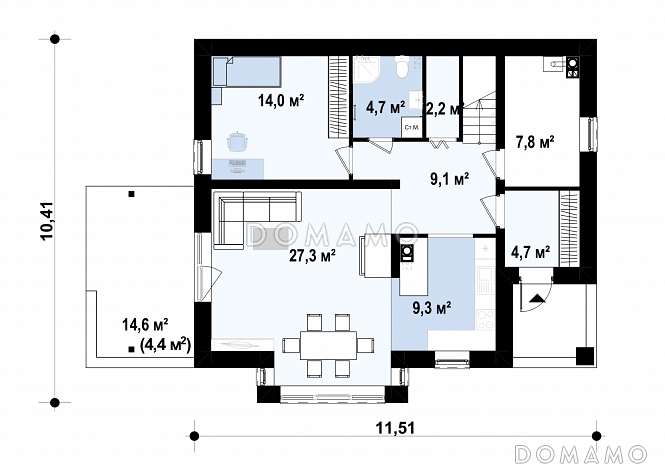 Проект одноэтажного мансардного дома из газобетона с кабинетом на первом этаже / План 1 этажа
