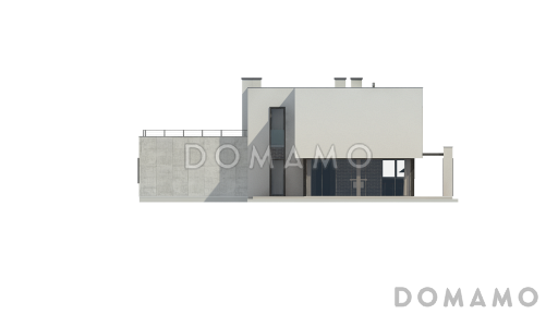 Проект современного двухэтажного дома из кирпича с плоской крышей с гаражом для двух автомобилей и террасами на обоих уровнях / Фасад 3