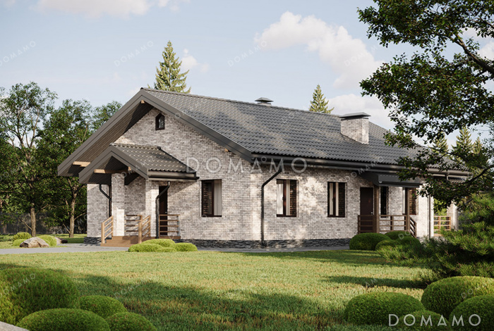 Проект выразительного одноэтажного дома с двухскатной крышей в разных уровнях, большой террасой и вторым светом