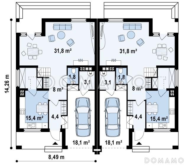 Проект мансардных домов-близнецов из газобетона с гаражом, тремя спальнями и красивым слуховым окном и балконом / План 1 этажа