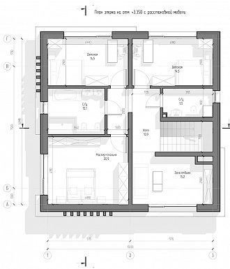 Проект двухэтажного дома с панорамными окнами, кабинетом, 3 спальнями, кухней-гостиной / План 2 этажа
