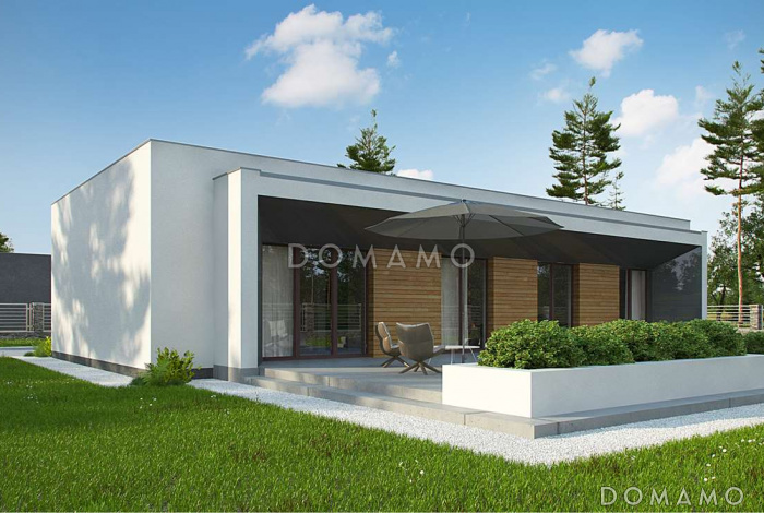 Проект современного одноэтажного углового дома из кирпича с плоской крышей, с тремя спальнями и двухместным гаражом